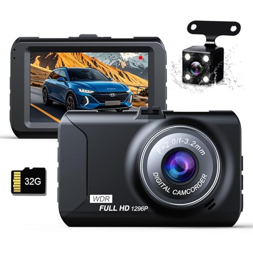 ドライブレコーダー 前後2カメラドライブレコーダー、1296P SONYセンサー、3インチ画面32GBカード、防干渉HDR技術付き